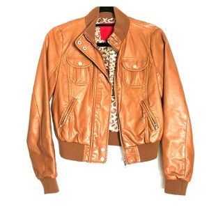 Brown faux leather cropped bomber jacket